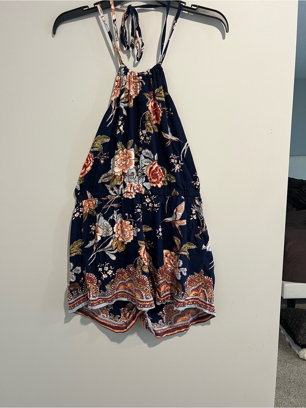 Angie Navy Floral Halter Romper with Peach Blooms